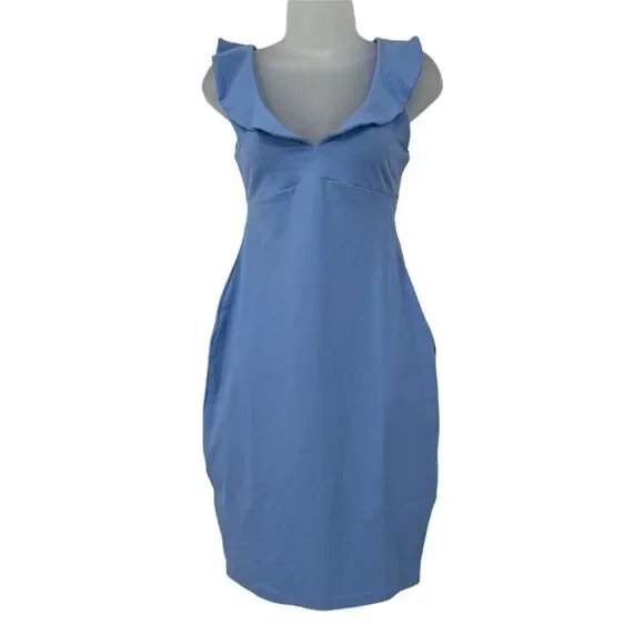 Susana Monaco Vista Blue Stretch Bodycon Ruffle Strap Open Cutout Back Dress M - Picture 5 of 10
